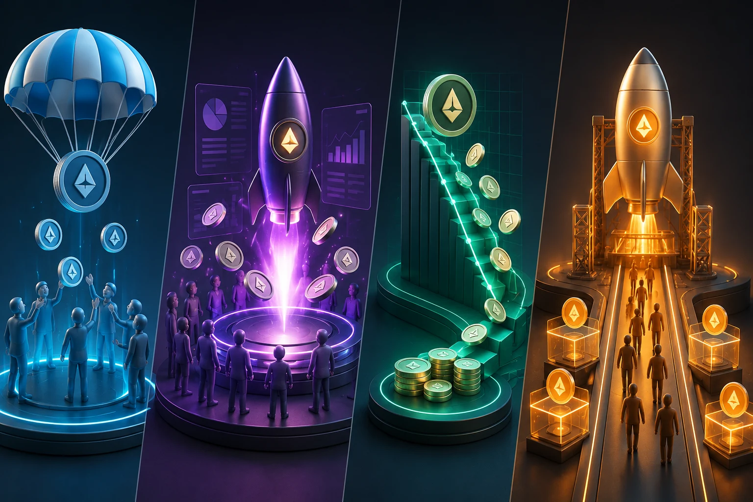 Airdrops vs ICOs vs LBPs vs launchpads: cómo funcionan