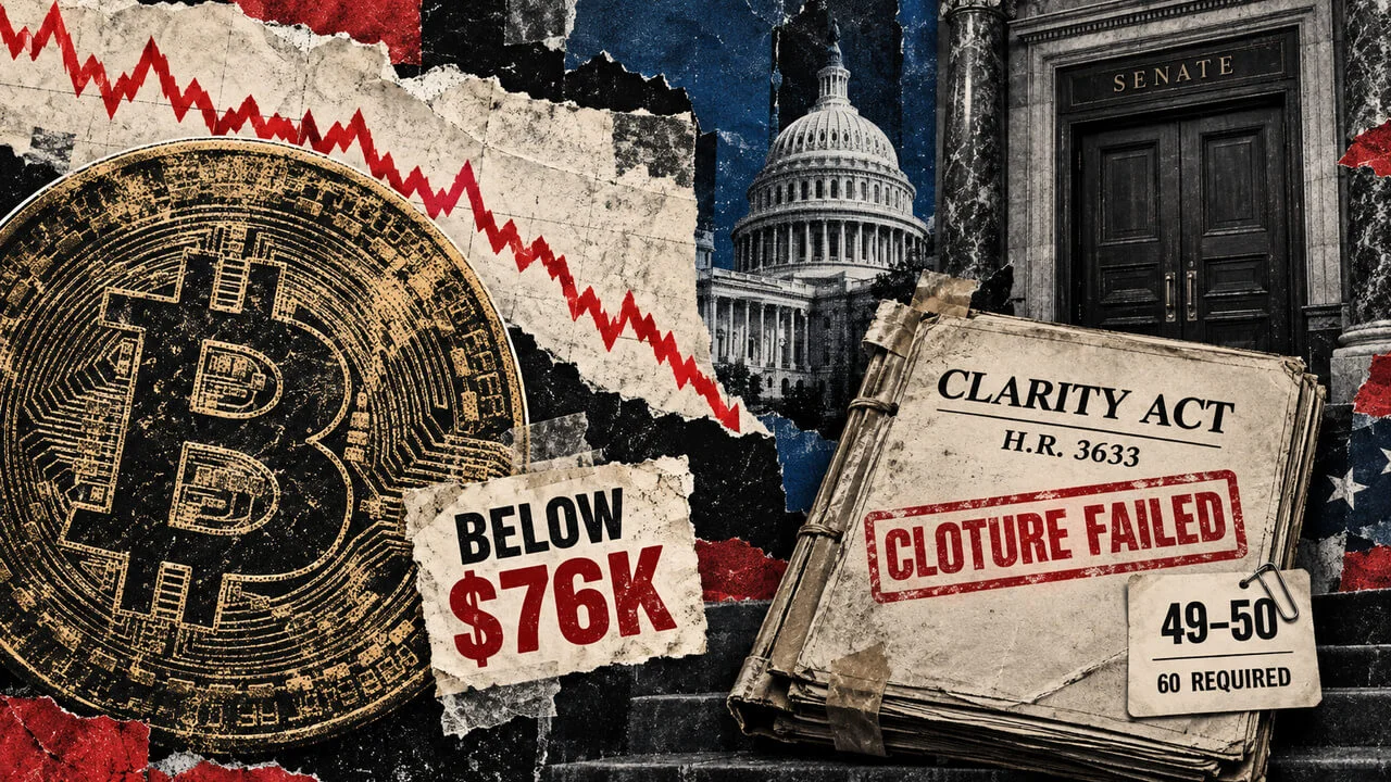 BTC Tumbles Below $76K as Senate Blocks CLARITY Act Vote