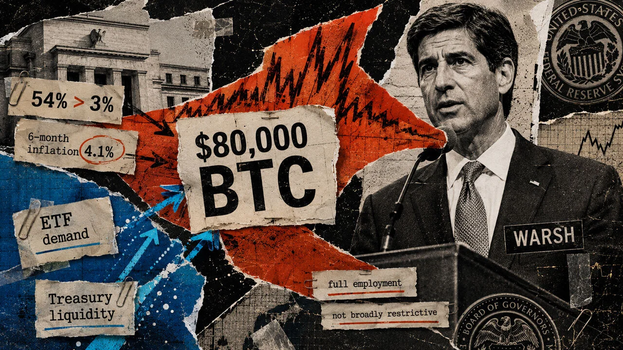 Bitcoin cai abaixo de $80K com inflação sticky de 54% de Warsh