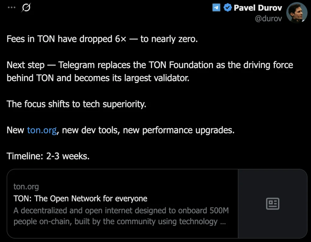 TON fees drop 6x as Durov makes Telegram network's top validator