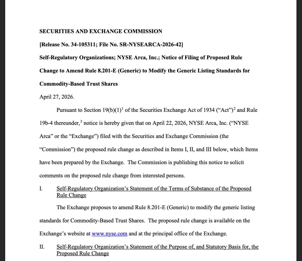 SEC opens review of NYSE Arca rule that sets an 85% asset threshold for crypto ETF listings.
