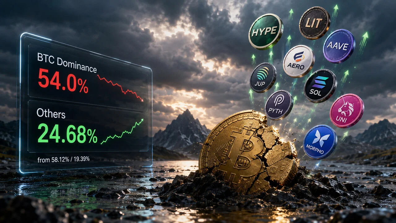 BTC dominance glisse à 54%, les altcoins prennent le relais