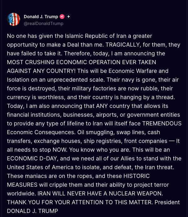 Trump Announces Crushing Economic Operation Against Iran