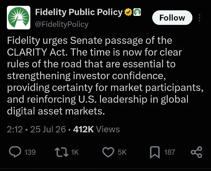 Fidelity Urges Senate to Pass CLARITY Act on Digital Assets