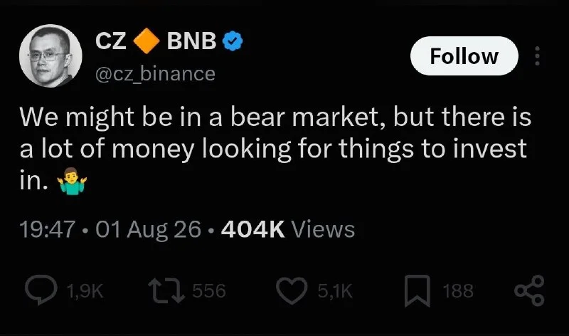 CZ Warns Bear Market Persists as Capital Pools Hunt Entries