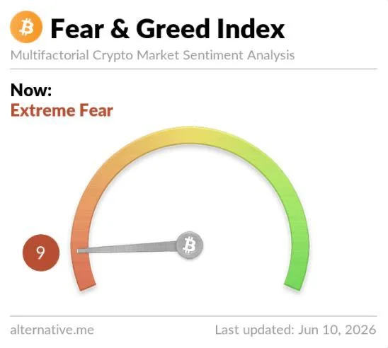 Crypto Fear & Greed Index stürzt auf 9 — extreme Angst ergreift…