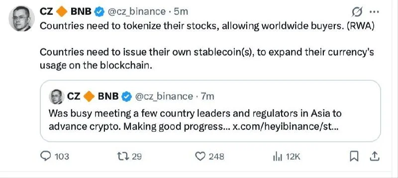 CZ urges countries to tokenize stocks and launch national…