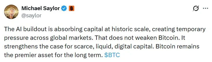 Saylor: A subida de capital em IA não enfraquece o Bitcoin