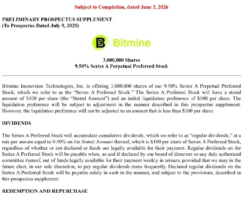Bitmine Immersion presenta una oferta de acciones preferentes de 3 millones de acciones con un dividendo del 9,5%