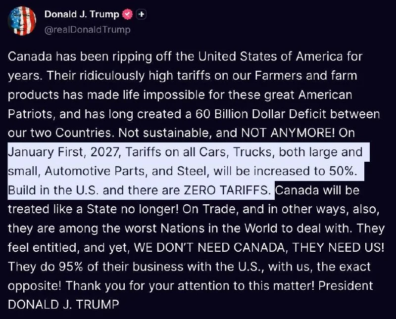 Trump, Kanada araç ve çelik tarifesini 2027’de %50’ye çıkaracak