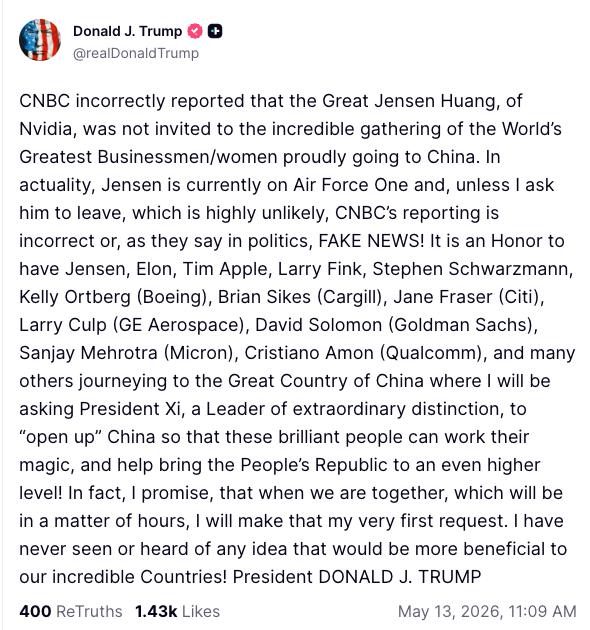 Trump flies Jensen Huang, Elon Musk, Tim Cook, and Larry Fink to China summit — market access tops the agenda