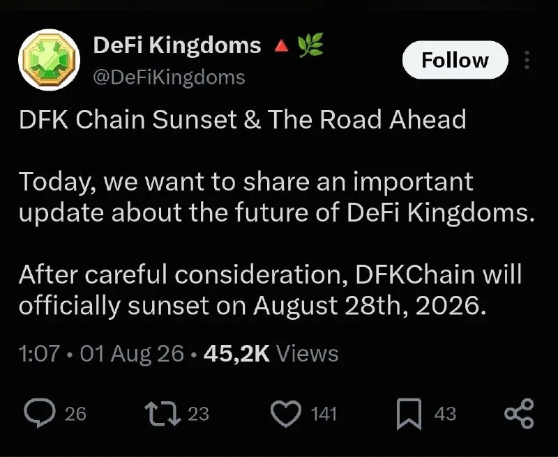 DeFi Kingdoms to shut down DFKChain on August 28