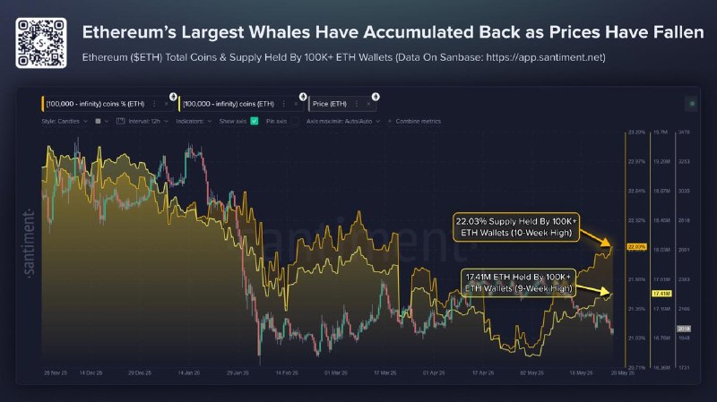 ¡Las ballenas de Ethereum alcanzan un máximo de 9 semanas, ahora poseen el 22% del suministro de ETH!