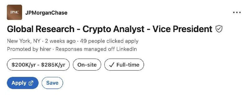 JPMorgan está a recrutar Analista de Cripto para a Divisão de Pesquisa Global!