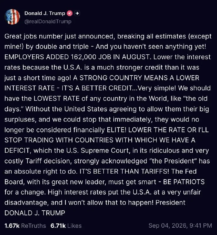 Trump pede cortes de juros à Fed e ameaça países excedentários