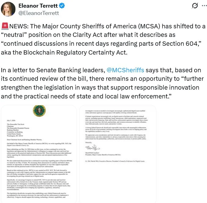 Major US sheriffs drop opposition to the CLARITY Act!