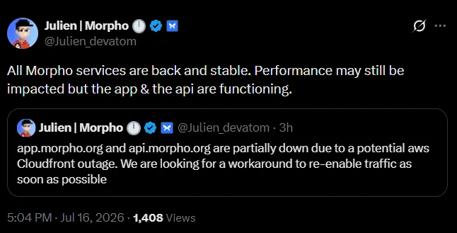 Morpho läuft wieder nach AWS-CloudFront-Ausfall