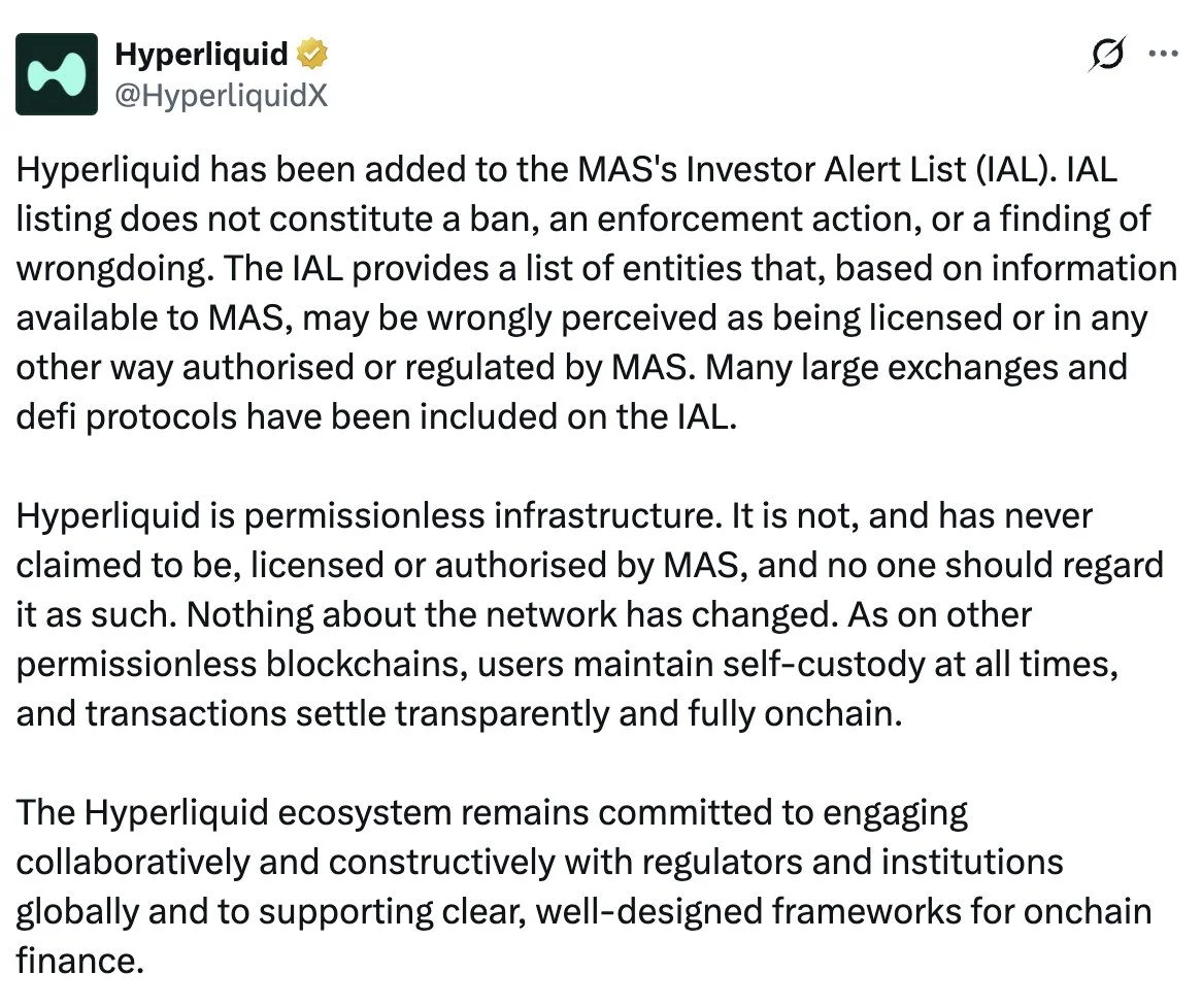 Singapur MAS, Hyperliquid'ı Yatırımcı Listesine Aldı