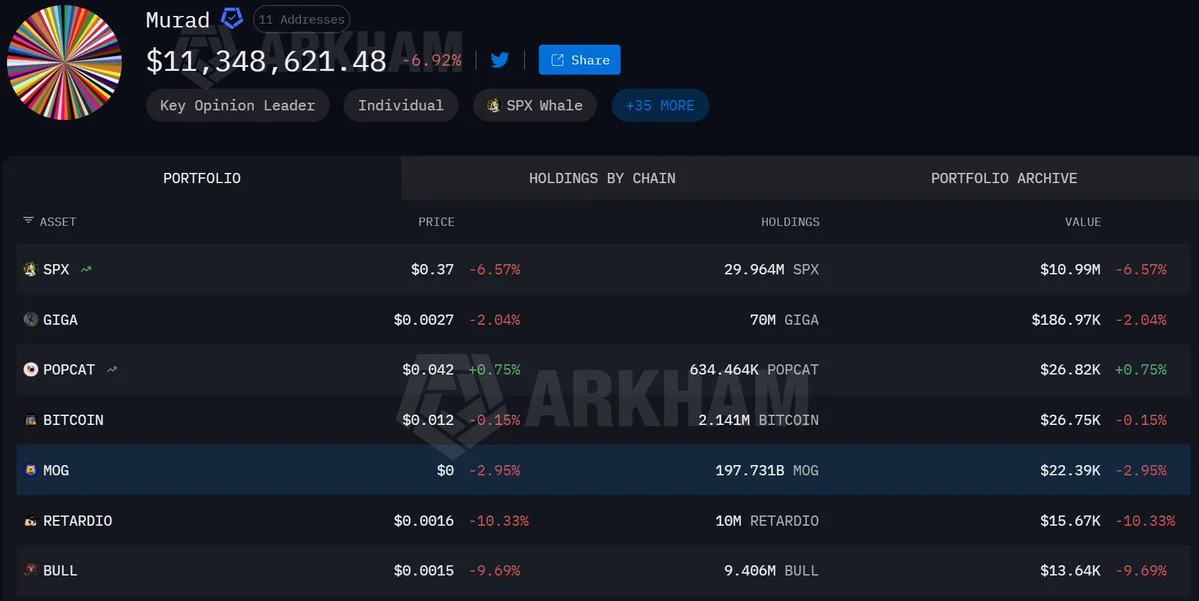 Murad memecoin portfolio still 100% intact after 83.5% drawdown