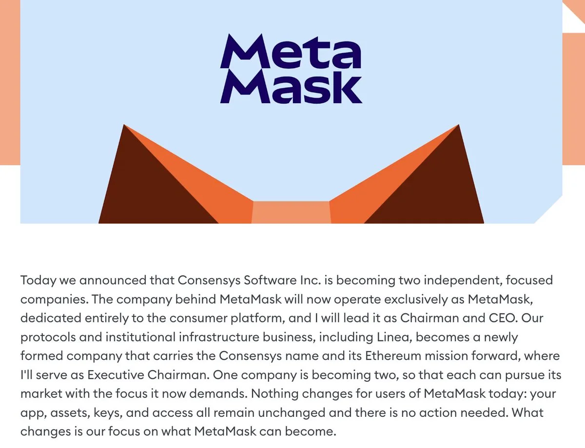 Consensys, MetaMask ve Consensys olarak ikiye ayrılıyor…