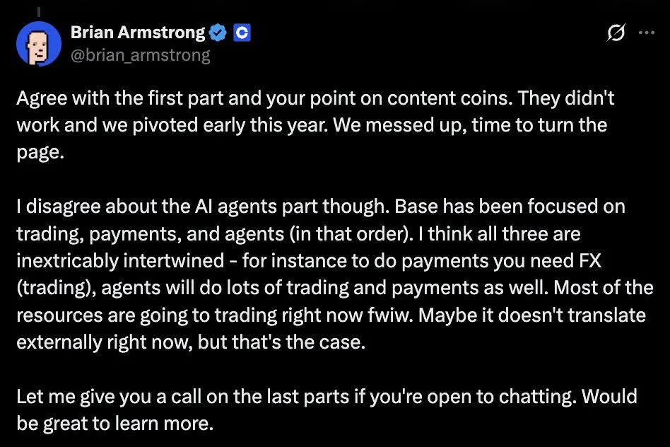 Base "Messed Up" on Content Coins, Brian Armstrong Says