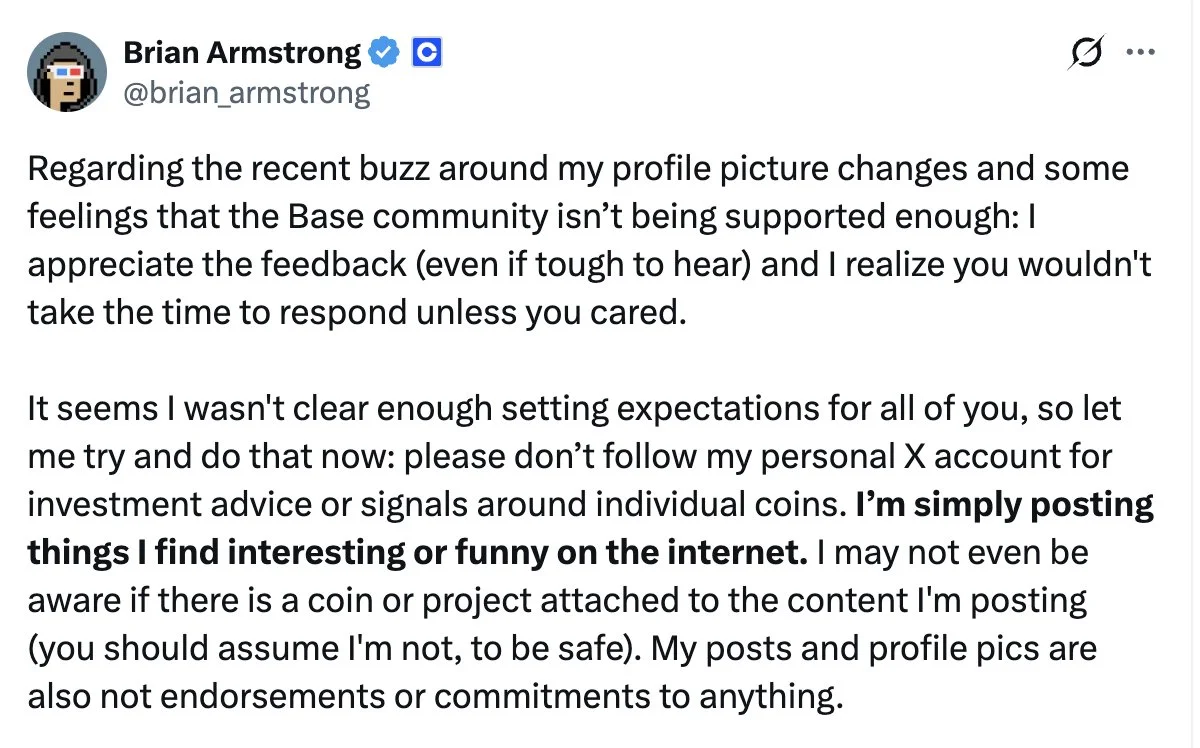 Brian Armstrong Clarifies: His X Posts Are Not Token Endorsements
