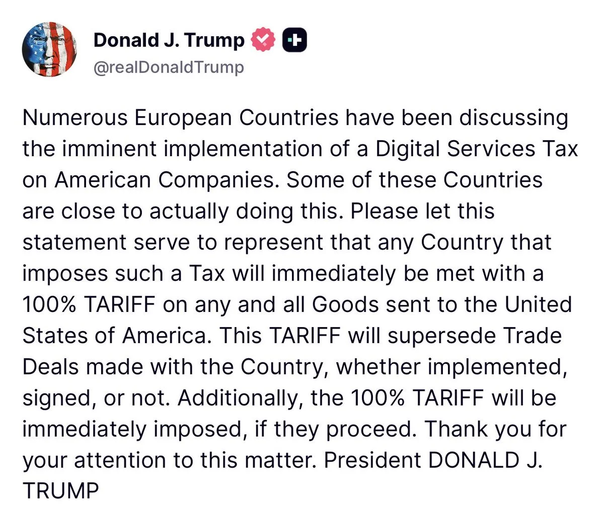 Trump droht mit 100% Zöllen auf Länder mit Digitalsteuer