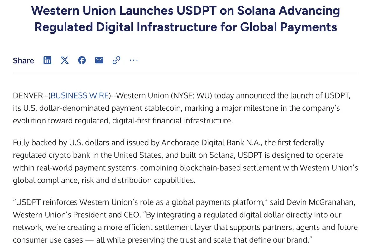 Western Union Launches USDPT Stablecoin on Solana

Western Union, the Largest Re