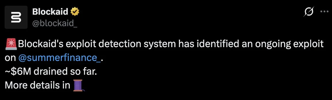 Blockaid detecta exploit de 6M$ en Summer.fi que drena bóvedas DeFi