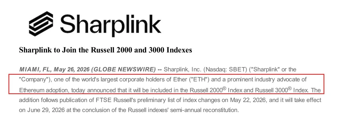 SharpLink joins Russell 2000 & 3000 on ETH treasury…