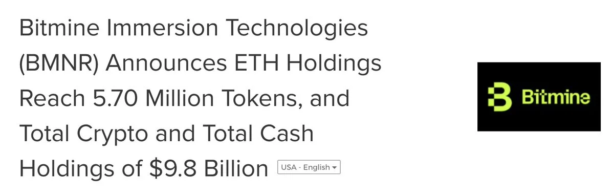 Bitmine suma 27.084 ETH y roza el 5% del suministro
