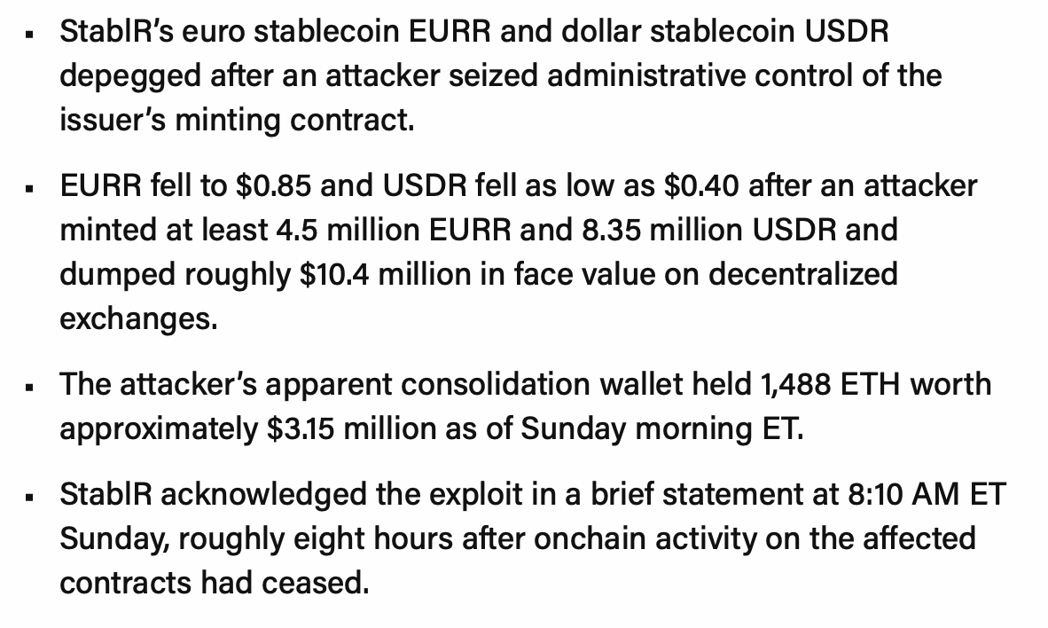 Colapso das Stablecoins EURR e USDR da StablR Após Exploração de Multisig de $13,5M!