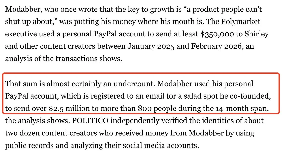 Polymarket CMO routed $2.5M via personal PayPal for…