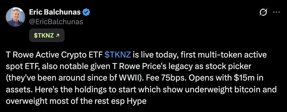 TKNZ Crypto ETF Debuts: T. Rowe Price Active Fund Holds $15M
