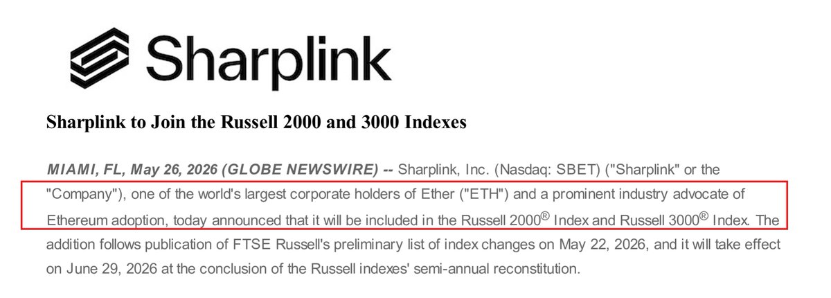 SharpLink, ETH hazinesi ile Russell 2000 & 3000'e katılıyor…