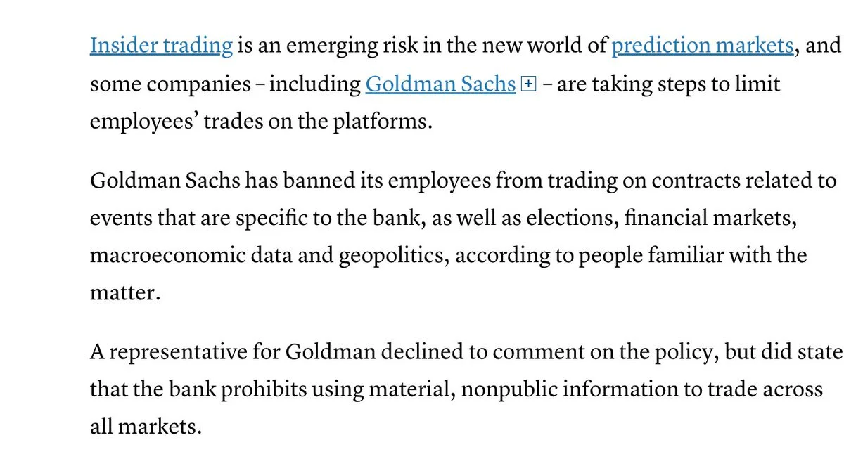 Goldman Sachs prohíbe a sus empleados operar en Polymarket