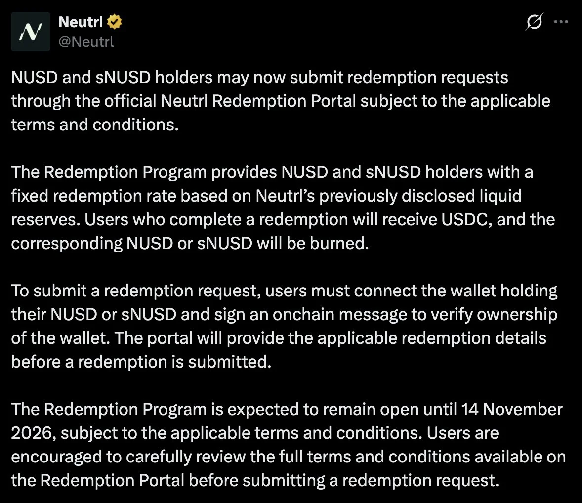 NUSD Redemptions Open as Neutrl Converts Tokens to USDC