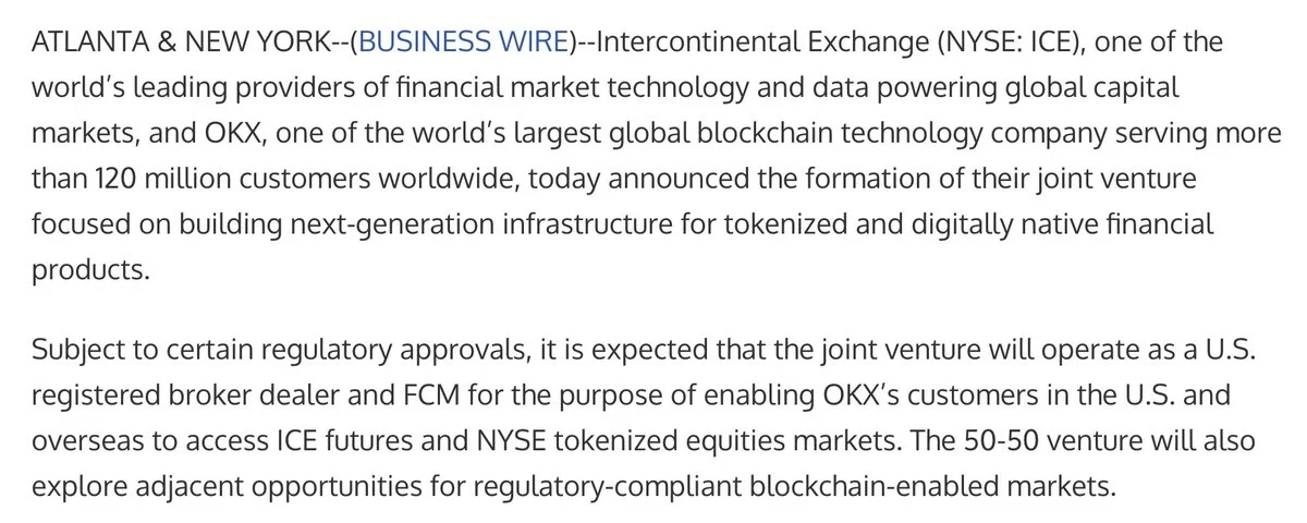 ICE e OKX criam joint venture 50-50 para mercados tokenizados