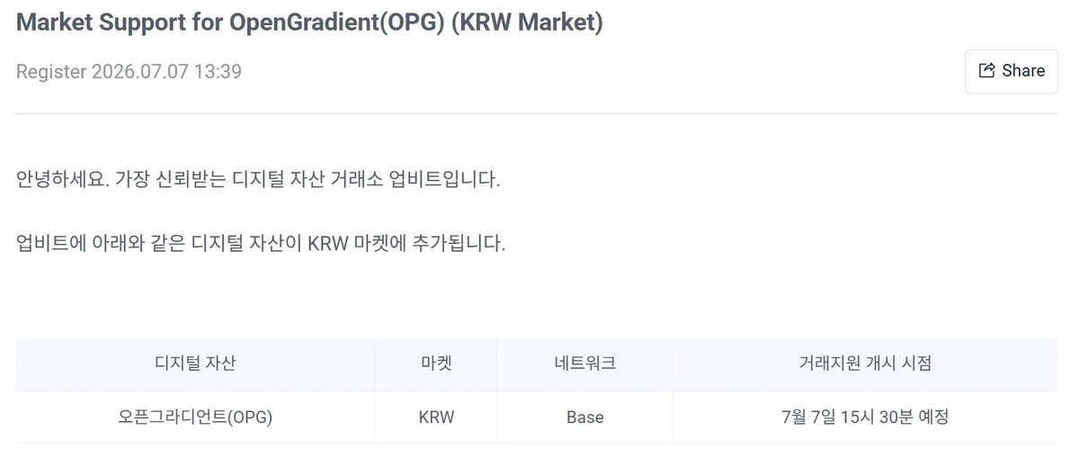 Upbit listet OPG/KRW-Paar – Handel startet am 7. Juli