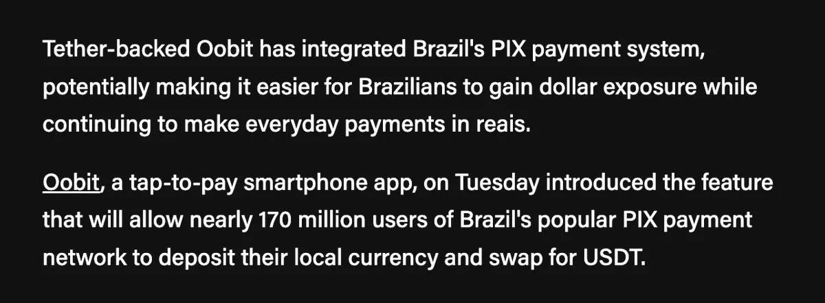 Tether-backed Oobit brings USDT to Brazil's Pix, reaching 170M users