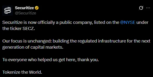 Securitize lists on NYSE under ticker SECZ!