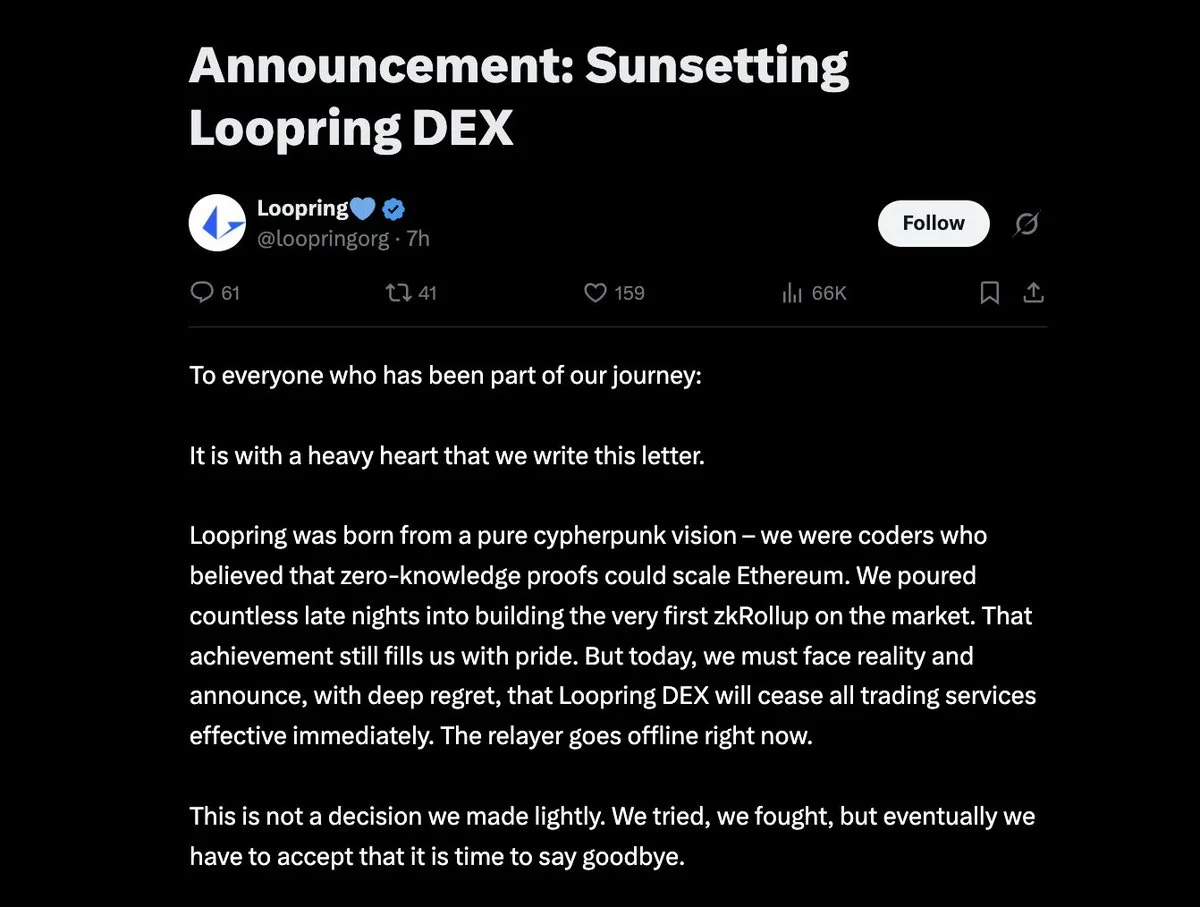 Loopring shuts down DEX as zkEVM competitors outpace its rollup