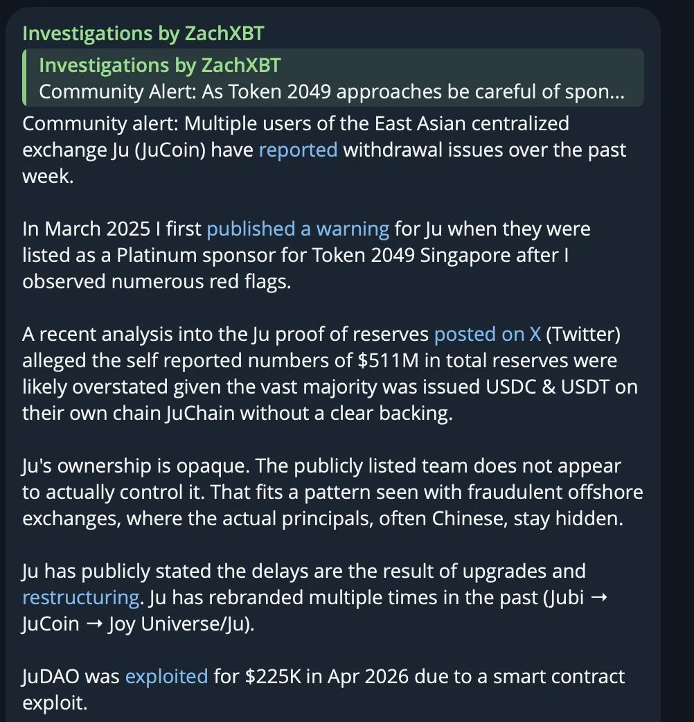 ZachXBT señala a JuCoin por las paradas en los retiros y $511M…