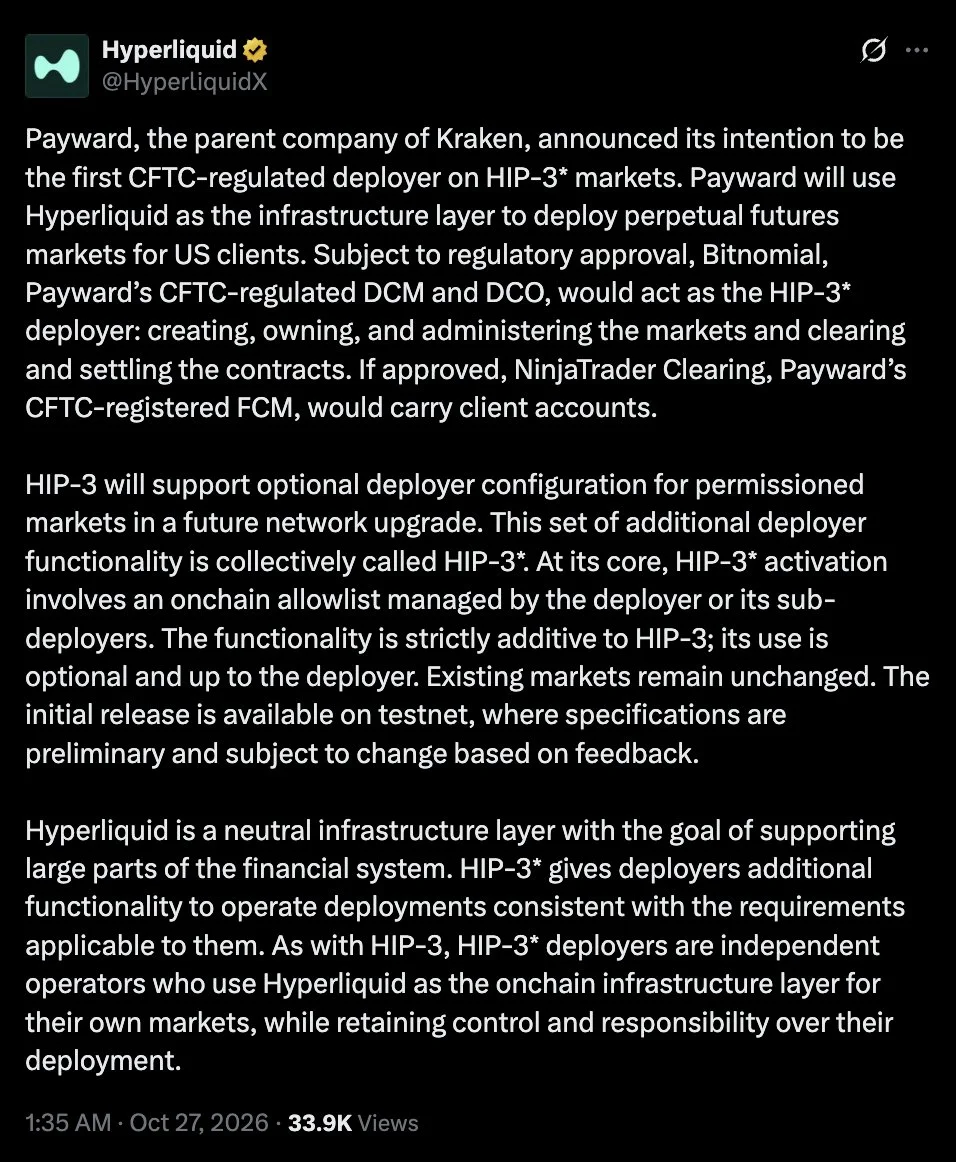 Payward lanzará el primer despliegue HIP-3 regulado por la CFTC