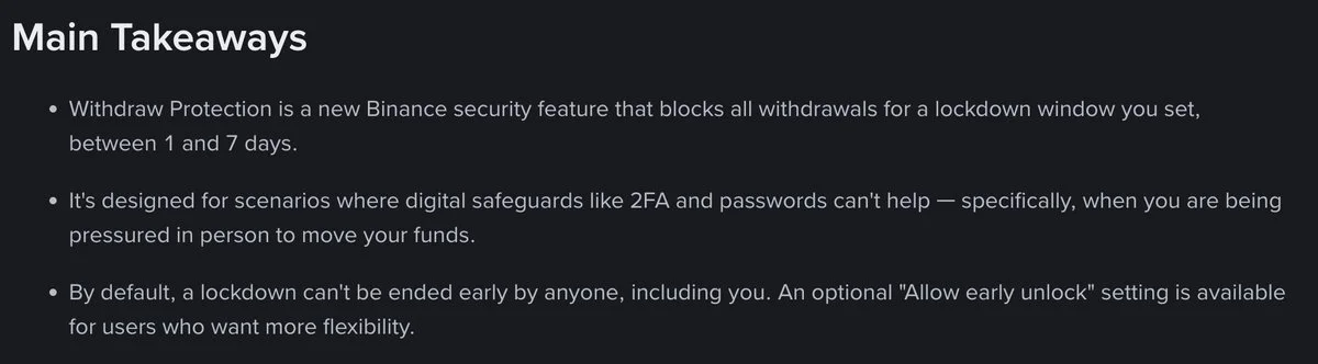 Binance Launches Withdraw Protection 

Binance announced the launch of a “Withdr