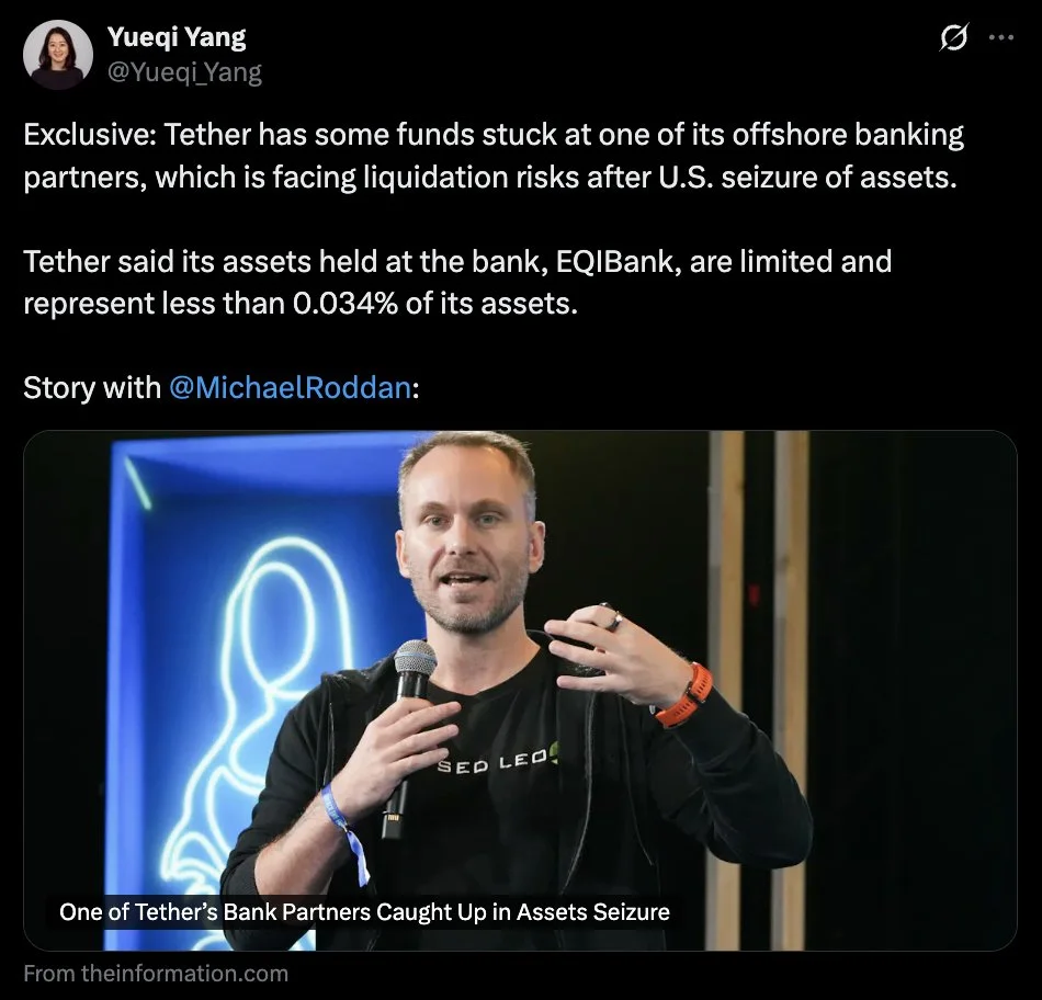 Tether Says EQIBank Funds Represent Under 0.034% of Assets