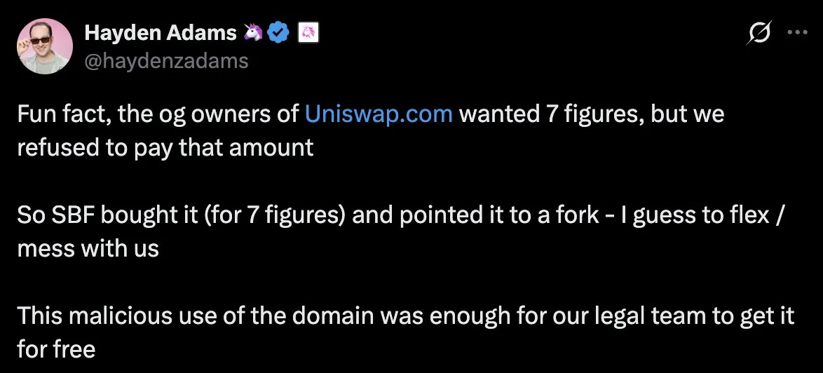 SBF kaufte Uniswap.com, sein Anwaltsteam bekam sie gratis
