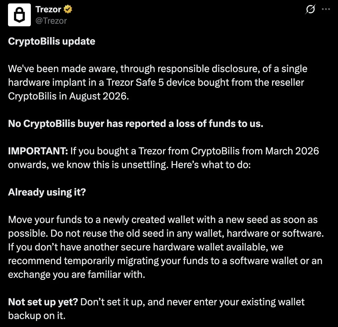 Trezor, Bayi Cüzdanında Şüpheli Müdahale Uyarısı Yaptı