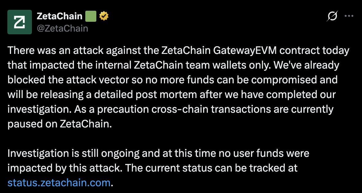 ZetaChain Pauses Cross-Chain Transactions After GatewayEVM Contract Attack

Acco
