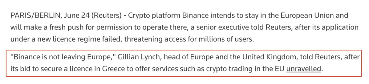 Binance bleibt in Europa nach Lizenz-Rückschlag in Griechenland